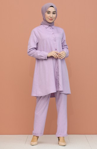 Düğme Detaylı Tunik Pantolon İkili Takım 1417-03 Lila
