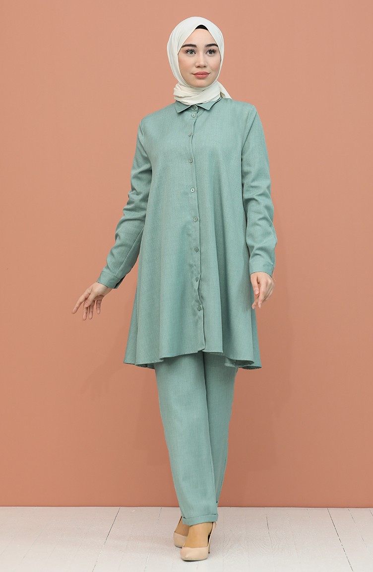 Düğme Detaylı Tunik Pantolon İkili Takım 2215-01 Mint Yeşili