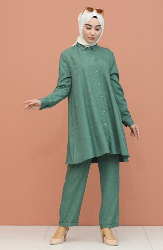 Düğme Detaylı Tunik Pantolon İkili Takım 1417-06 Zümrüt Yeşili