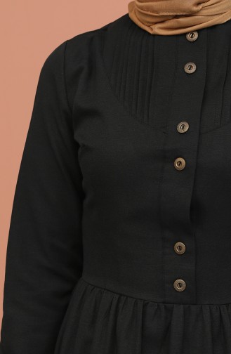 Doğal Kumaş Önü Nervürlü Elbise 7281-01 Siyah