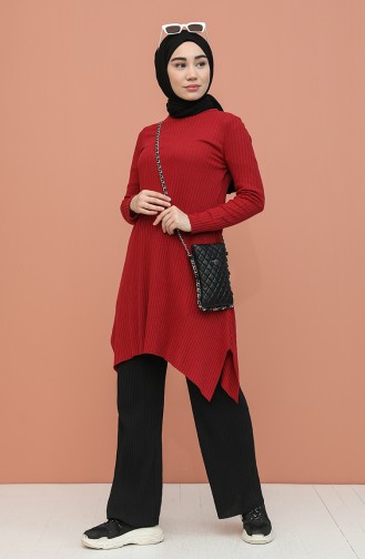 Kaşkorse Asimetrik Tunik Pantolon İkili Takım 7730-09 Bordo Siyah