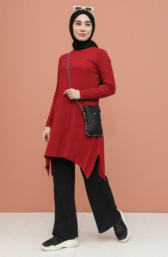 Kaşkorse Asimetrik Tunik Pantolon İkili Takım 7730-09 Bordo Siyah