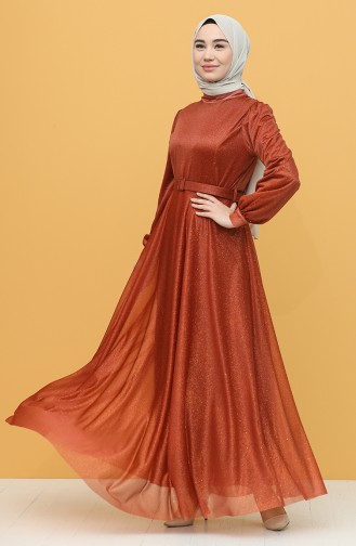 Brick Red Hijab Evening Dress 1023-03