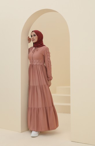 Dantel Detaylı Büzgülü Elbise 8326-05 Gül Kurusu
