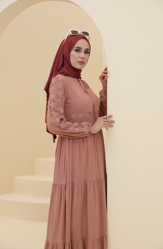 Dantel Detaylı Büzgülü Elbise 8326-05 Gül Kurusu