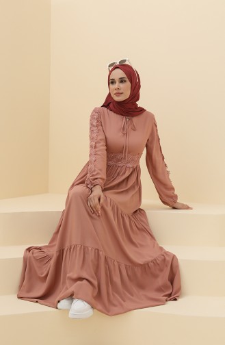 Dantel Detaylı Büzgülü Elbise 8326-05 Gül Kurusu