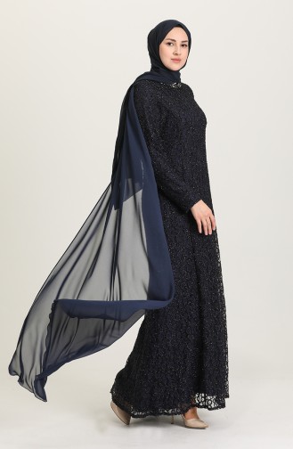 Navy Blue Hijab Evening Dress 4280-02