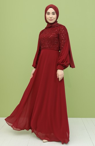 Claret Red Hijab Evening Dress 4861-01