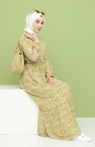 Kemerli Desenli Elbise 2159-02 Sarı