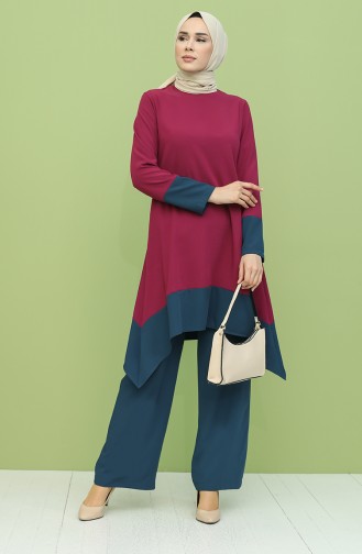Asimetrik Tunik Pantolon İkili Takım 1024-04 Mürdüm