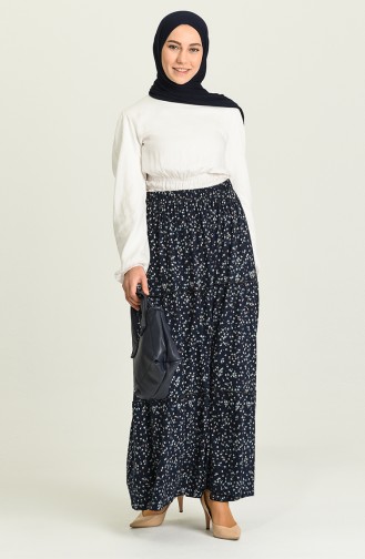 Beli Lastikli Desenli Etek 8289-02 Lacivert