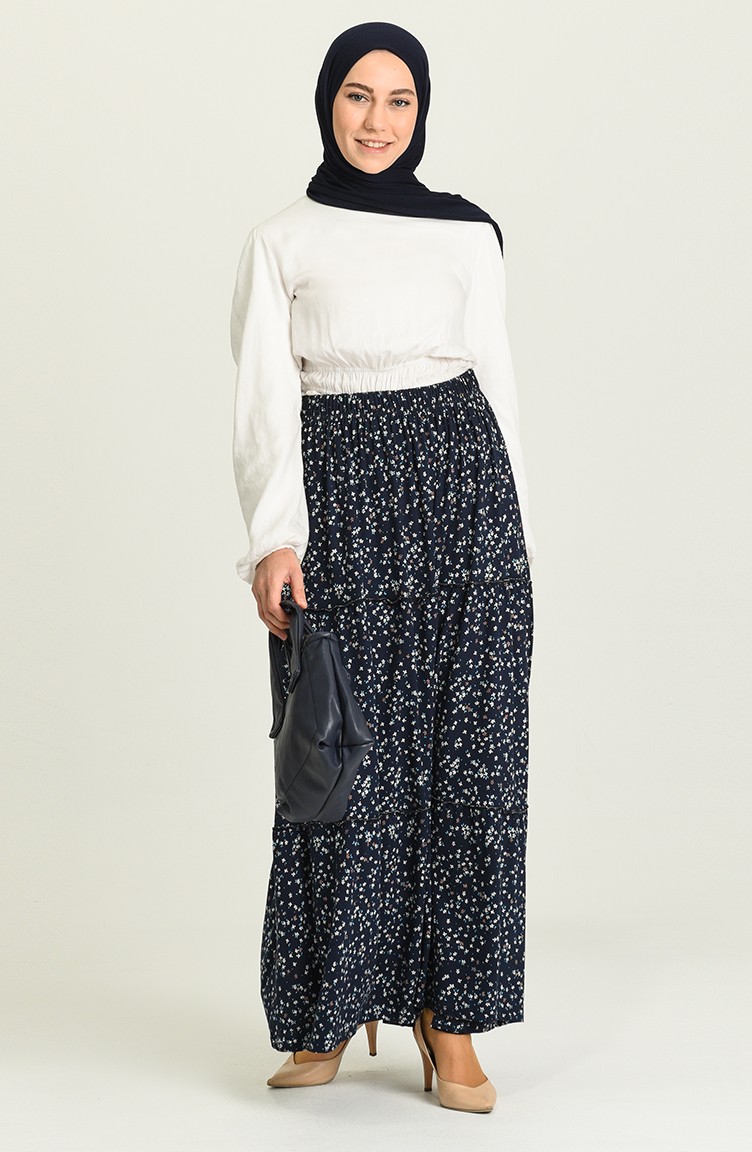 Beli Lastikli Desenli Etek 8289-02 Lacivert