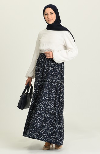 Beli Lastikli Desenli Etek 8289-02 Lacivert
