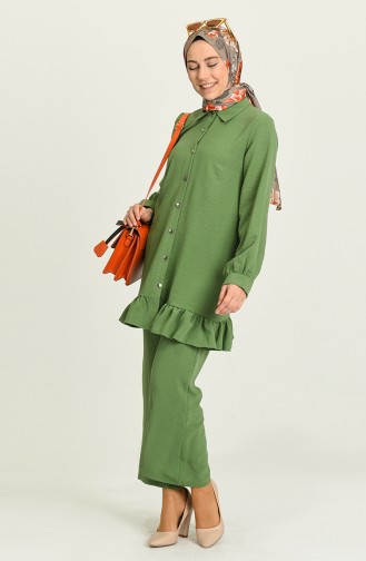 Aerobin Kumaş Büzgülü Tunik Pantolon ikili Takım 7002-01 Çağla Yeşili