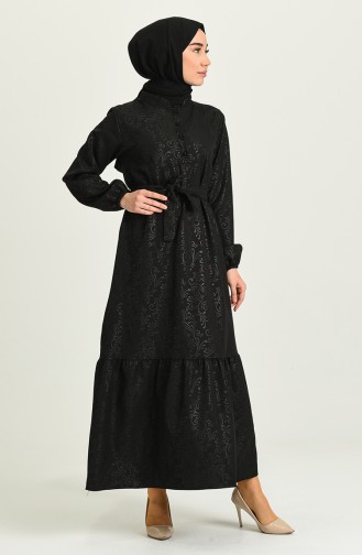 Büzgülü Yakalı Elbise 5366-06 Siyah