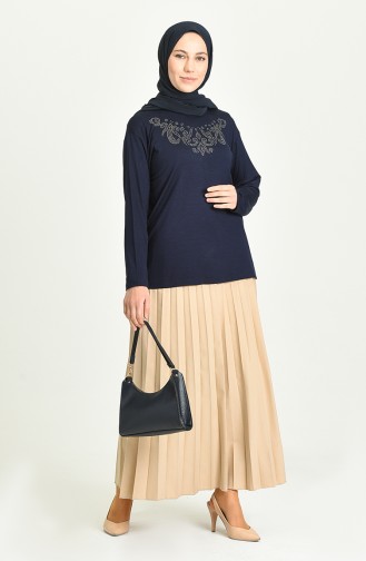 Taş Baskılı Bluz 0343-12 Koyu Lacivert