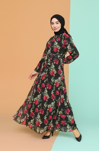 Çiçek Desenli Şifon Elbise 4867A-03 Siyah