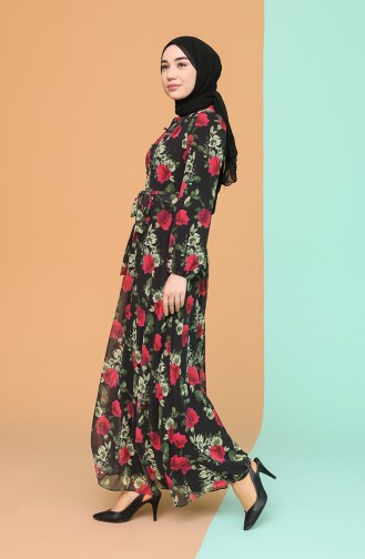 Çiçek Desenli Şifon Elbise 4867A-03 Siyah