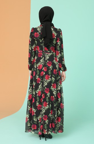 Çiçek Desenli Şifon Elbise 4867A-03 Siyah