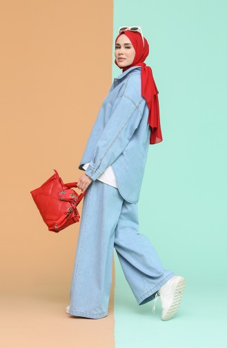 Düğmeli Kot Tunik Pantolon İkili Takım 6620-04 Kot Mavi