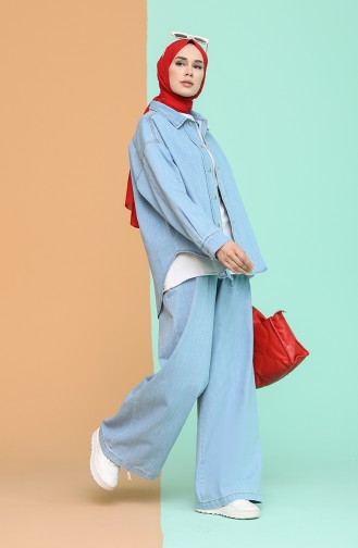 Düğmeli Kot Tunik Pantolon İkili Takım 6620-04 Kot Mavi