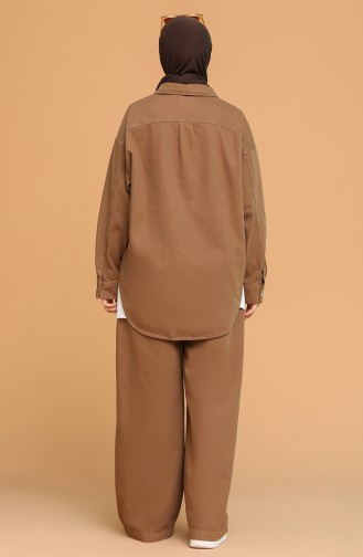 Düğmeli Kot Tunik Pantolon İkili Takım 6620-02 Kahverengi