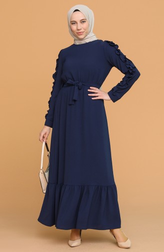 Kolları Fırfırlı Kuşaklı Elbise 1020-01 Lacivert