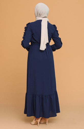 Kolları Fırfırlı Kuşaklı Elbise 1020-01 Lacivert