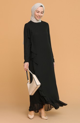 Volanlı Elbise 5302-03 Siyah