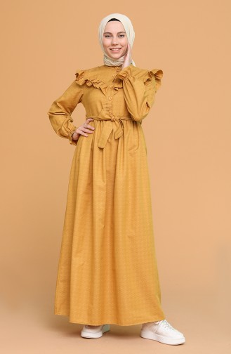 Boydan Düğmeli Fırfırlı Elbise 21Y8315-01 Hardal