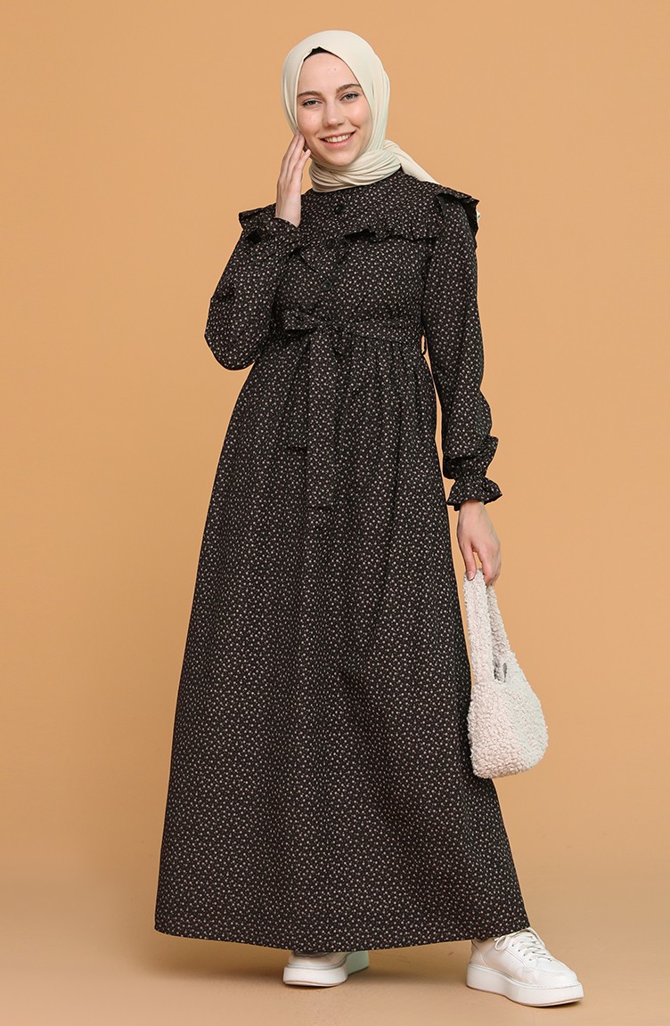 Boydan Düğmeli Fırfırlı Elbise 21Y8315-08 Siyah