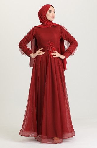 Claret Red Hijab Evening Dress 4949-05