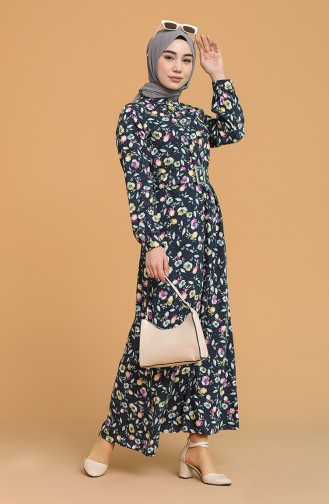 Çiçek Desenli Elbise 2157-04 Lacivert
