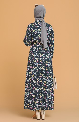 Çiçek Desenli Elbise 2157-04 Lacivert