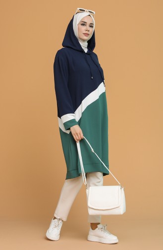 Aerobin Kumaş Kapüşonlu Tunik 2445-04 Lacivert Yeşil