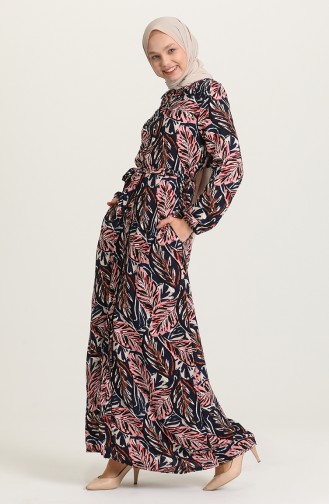 Kuşaklı Desenli Elbise 1247-01 Lacivert