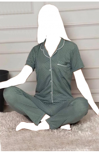 Kadın Puantiyeli Pijama Takımı Düğmeli Dvk-82 DVK82-01 Yeşil