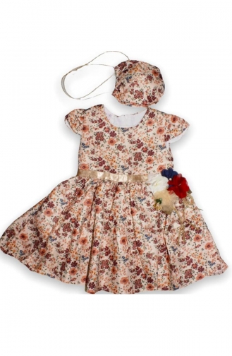Kız Çocuk Yazlık Çantalı Çiçek Desenli Elbise 5043-01 Krem