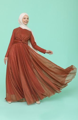 Brick Red Hijab Evening Dress 5397-01
