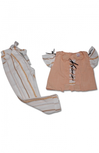 Kız Çocuk Yazlık Keten Pantolunlu Yarım Kollu Takım 5053-05 Pudra