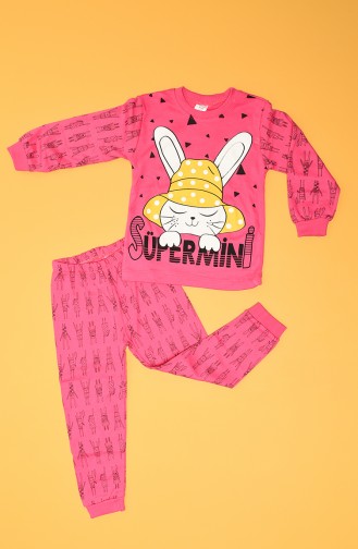 Süpermini Çocuk Tavşan Şapkalı Pijama Takımı C80937-03 Fuşya