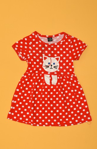 Selfie Kız Çocuk Puanlı Süprem Kedi Nakış Elbise C75862-03 Kırmızı