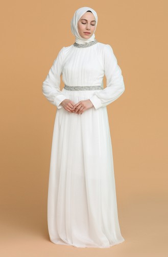 Ecru Hijab Evening Dress 4871-04