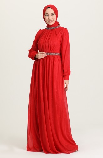 Claret Red Hijab Evening Dress 4871-05