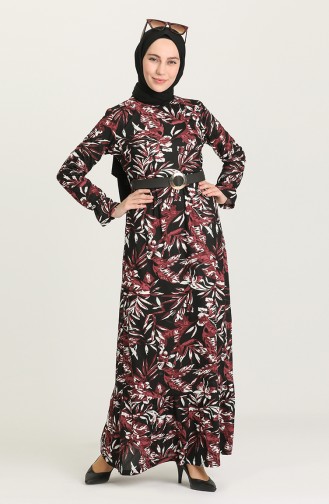Kemerli Desenli Elbise 7021-03 Mürdüm