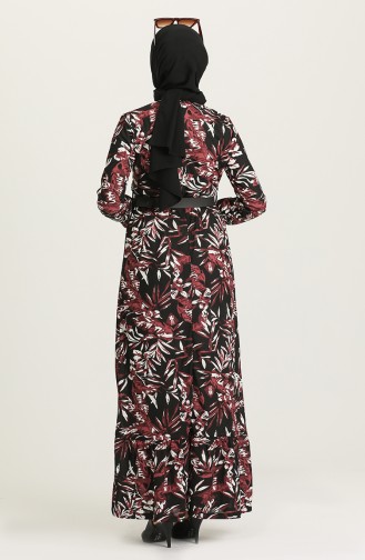 Kemerli Desenli Elbise 7021-03 Mürdüm