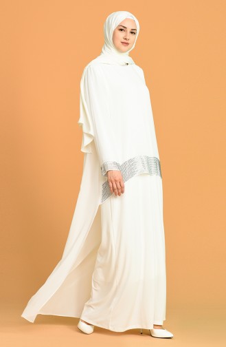 Ecru Hijab Evening Dress 6301-04