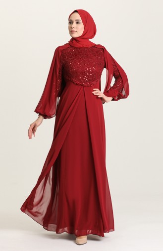 Claret Red Hijab Evening Dress 4856-05