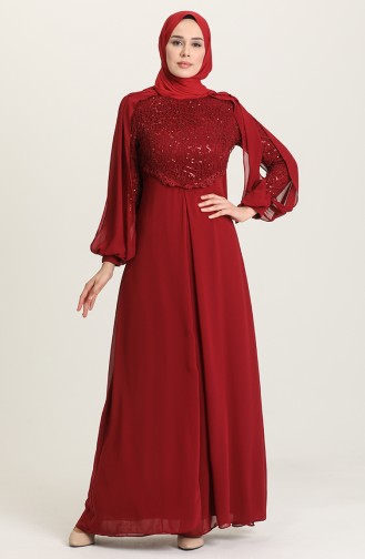 Claret Red Hijab Evening Dress 4856-05