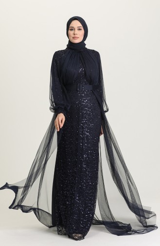 Navy Blue Hijab Evening Dress 5441-02